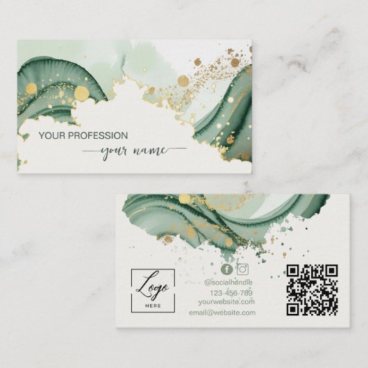 Waterverf Salie groene Qr Code  Visitekaartje (Voorkant / Achterkant)