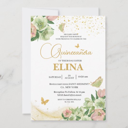 Waterverf saliegroen roze bloemige Quinceañera Kaart (Voorkant)