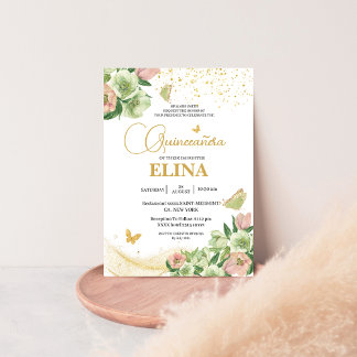 Waterverf saliegroen roze bloemige Quinceañera Kaart