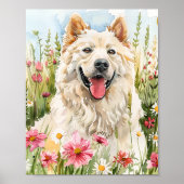 Waterverf Samojeed Portret met roze bloemen Poster (Voorkant)