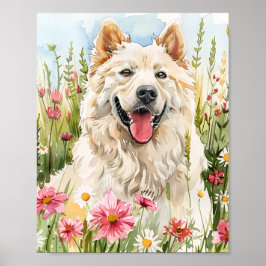 Waterverf Samojeed Portret met roze bloemen Poster