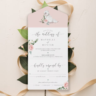 Waterverf Samoyed Dog & Floral Pink Rose Flowers All In One Uitnodiging