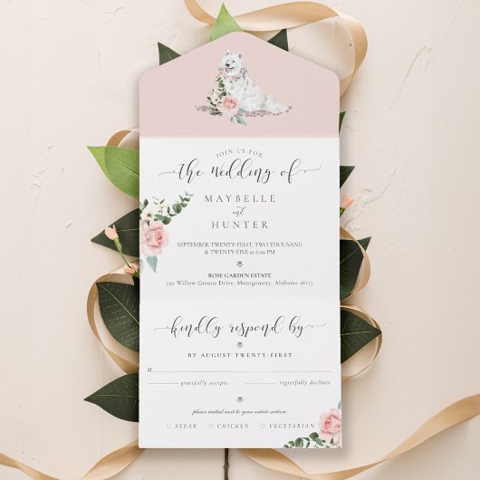 Waterverf Samoyed Dog & Floral Pink Rose Flowers All In One Uitnodiging