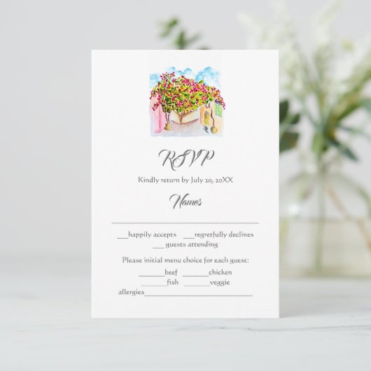 Waterverf San Miguel de Allende Wedding RSVP Kaart (Staand voorkant)