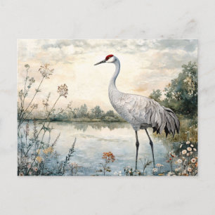 Waterverf Sandhill Crane op een vijver Briefkaart