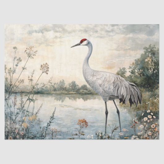 Waterverf Sandhill Crane op een vijver Decoupage Tissuepapier (Voorkant)