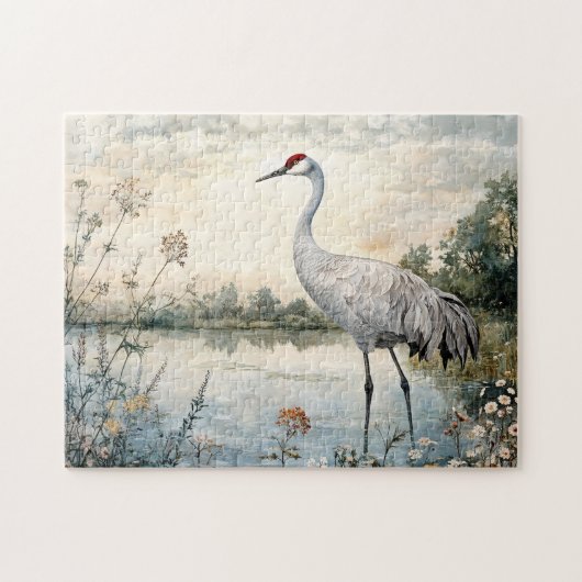 Waterverf Sandhill Crane op een vijver Legpuzzel (Horizontaal)