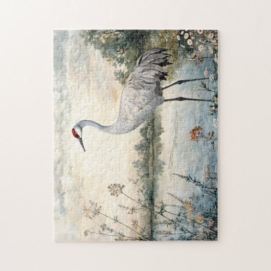 Waterverf Sandhill Crane op een vijver Legpuzzel (Verticaal)
