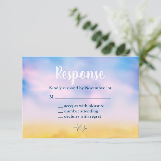 Waterverf Sandy Toes Wedding RSVP - zonsondergang  (Staand voorkant)