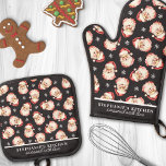 Waterverf Santa Black Christmas Custom Ovenwant & Pannenlap Set<br><div class="desc">Vier het vakantieseizoen met deze charmante ovenhandschoen en pottenbakset met een waterverf kerstmanpatroon op een feestelijke zwarte achtergrond. Perfect voor het toevoegen van een nostalgische touch aan uw keuken, deze set is zowel decoratief als praktisch. Pas het aan met jouw naam of een speciaal bericht om het uniek van jou...</div>