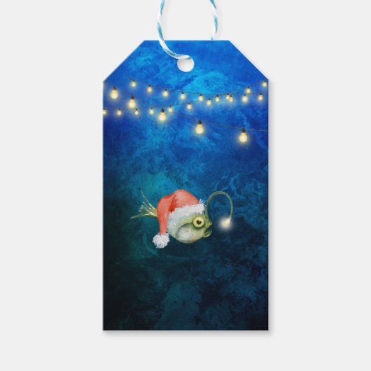 Waterverf Santa Claus Angler Vis Cadeaulabel (Voorkant)