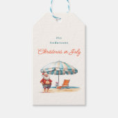 Waterverf Santa Claus Beach Kerstmis in juli Cadeaulabel (Voorkant)