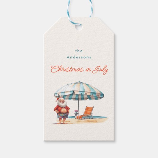 Waterverf Santa Claus Beach Kerstmis in juli Cadeaulabel (Voorkant)