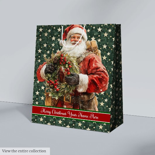 Waterverf Santa Claus Holiday Gift Bag - Aangepast Medium Cadeauzakje