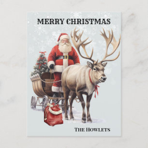 Waterverf Santa en rendierslee Briefkaart