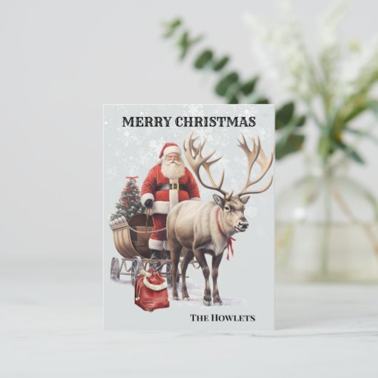 Waterverf Santa en rendierslee Briefkaart (Staand voorkant)
