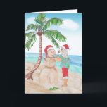 Waterverf Santa en Sandy Snowman Christmas Kaart<br><div class="desc">Waterverf schilderij van Sinterklaas met een strand shirt vol flamingo's bouwen van een sneeuwman uit zand op het strand. Geweldig voor sneeuwvogels,  mensen die in Florida of een kustgemeenschap wonen. Vrolijk Kerstmis grappige strandkaart.</div>