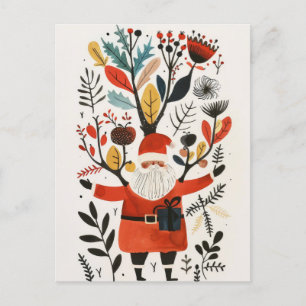 Waterverf Santa met kleurrijke bloemen Xmas Briefkaart