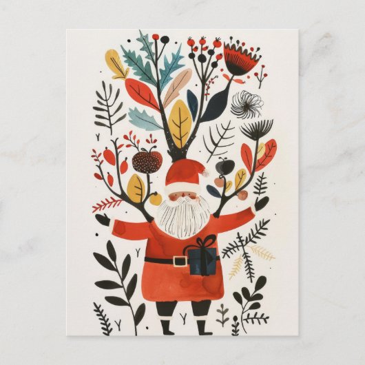 Waterverf Santa met kleurrijke bloemen Xmas Briefkaart (Voorkant)