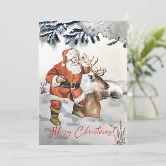 Waterverf Santa met rendieren aangepaste kerst Feestdagenkaart (Staand voorkant)