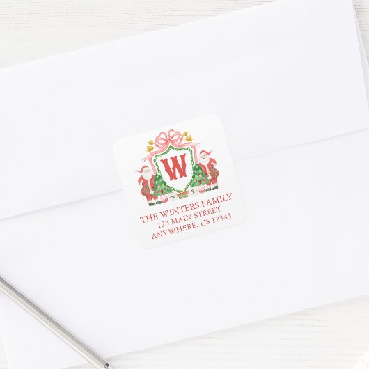 Waterverf Santa Monogram Crest Adres Vierkante Sticker