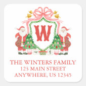 Waterverf Santa Monogram Crest Adres Vierkante Sticker (Voorkant)
