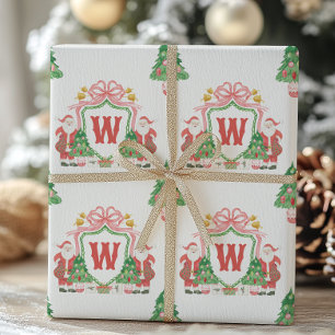 Waterverf Santa Monogram Crest Christmas Cadeaupapier