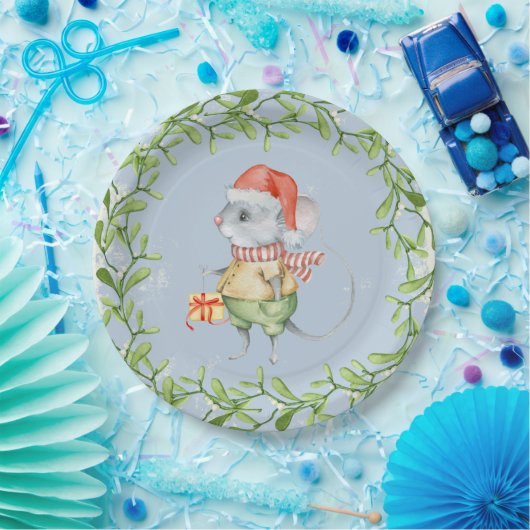 Waterverf Santa Mouse met kerst Holly Papieren Bordje (Feest)