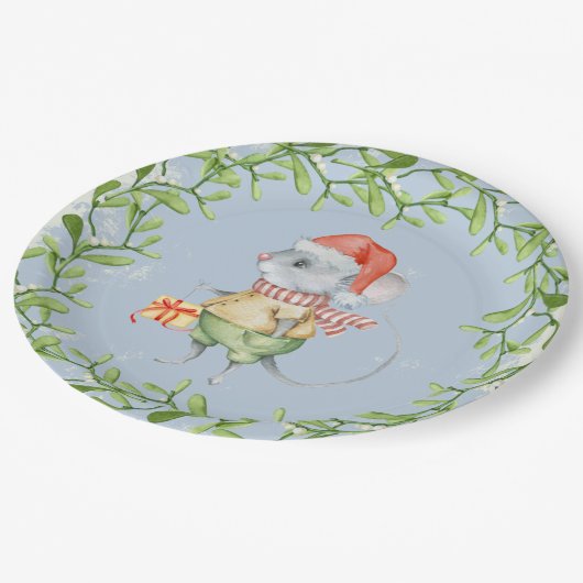 Waterverf Santa Mouse met kerst Holly Papieren Bordje (Gekanteld)