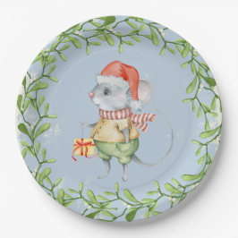 Waterverf Santa Mouse met kerst Holly Papieren Bordje