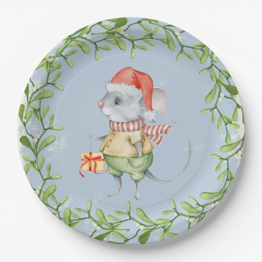 Waterverf Santa Mouse met kerst Holly Papieren Bordje (Voorkant)