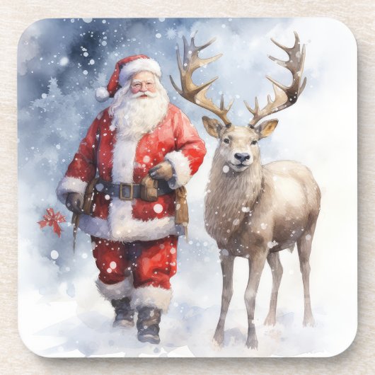 Waterverf Santa Onderzetter Set (Voorkant)
