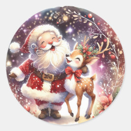 Waterverf Santa Reindeer Kerst Schattige Ronde Sticker