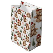Waterverf Santa Teddy Bear & Pine Tree Christmas Medium Cadeauzakje (Voorkant Gekanteld)