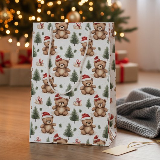 Waterverf Santa Teddy Bear & Pine Tree Christmas Medium Cadeauzakje