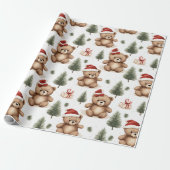 Waterverf Santa Teddy Bear & Pine Trees Christmas Cadeaupapier (Uitgerold)