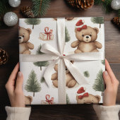 Waterverf Santa Teddy Bear & Pine Trees Christmas Cadeaupapier