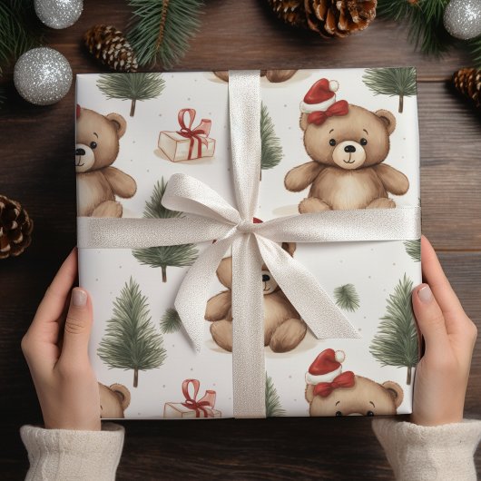 Waterverf Santa Teddy Bear & Pine Trees Christmas Cadeaupapier