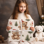 Waterverf Santa Teddy Bear & Pine Trees Christmas Cadeaupapier