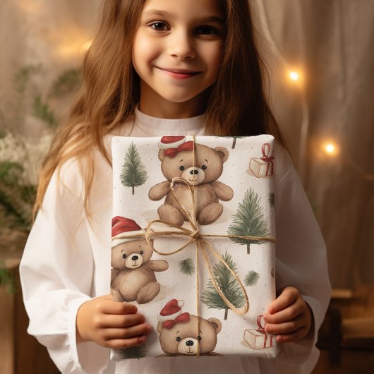 Waterverf Santa Teddy Bear & Pine Trees Christmas Cadeaupapier