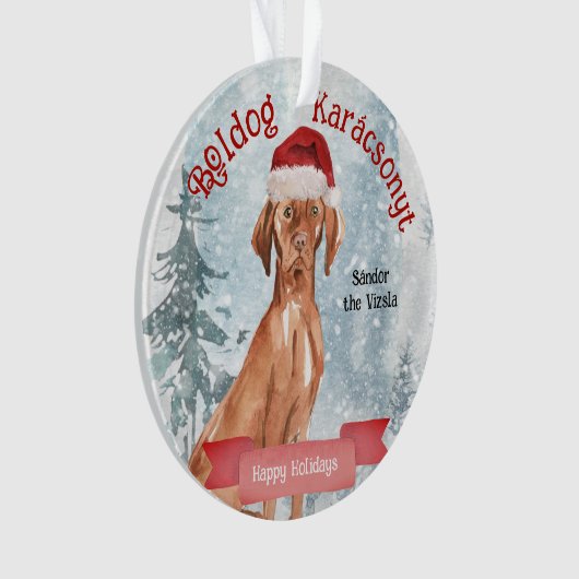 Waterverf Santa Vizsla Boldog Karácsonyt Ornament (voorkant)