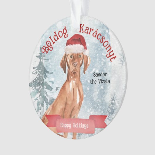 Waterverf Santa Vizsla Boldog Karácsonyt Ornament (voorkant)