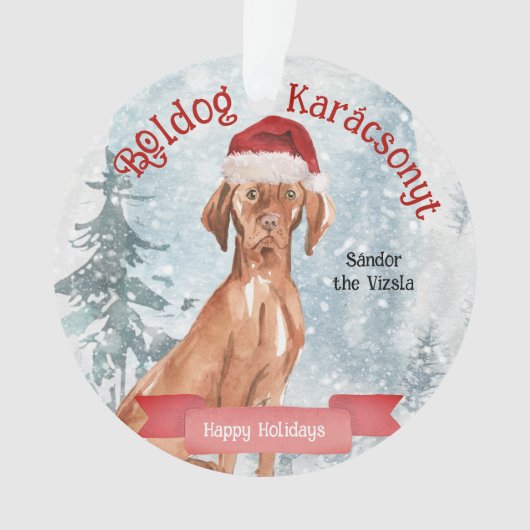 Waterverf Santa Vizsla Boldog Karácsonyt Ornament (voorkant)