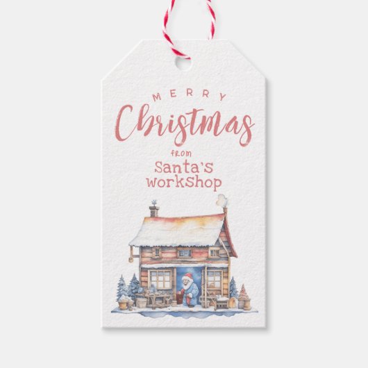 Waterverf Santa's Workshop Familie Gift Label Cadeaulabel (Voorkant)