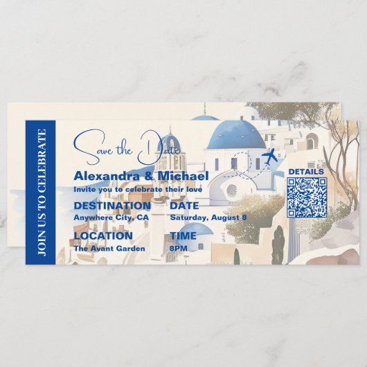 Waterverf Santorini Bestemming bruiloft Kaart (Voorkant / Achterkant)