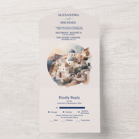 Waterverf-Santorini-bestemming komt helemaal binne All In One Uitnodiging (Binnen)