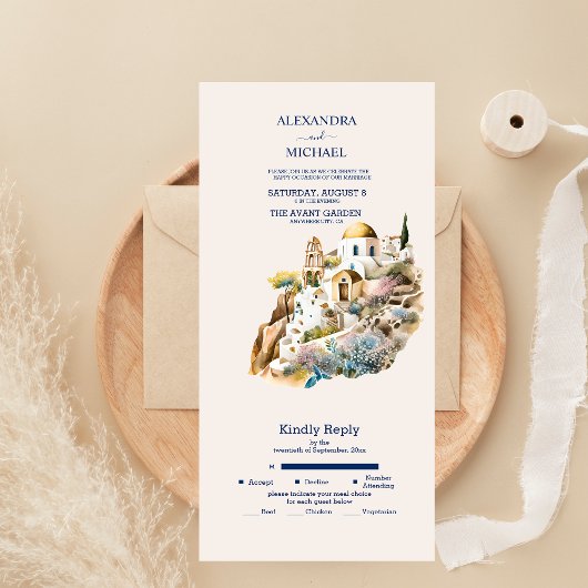 Waterverf-Santorini-bestemming komt helemaal binne All In One Uitnodiging