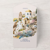 Waterverf-Santorini-bestemming komt helemaal binne All In One Uitnodiging (Buitenkant)