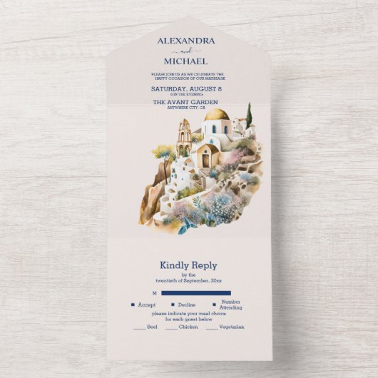 Waterverf-Santorini-bestemming komt helemaal binne All In One Uitnodiging (Binnen)