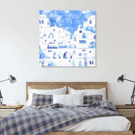 Waterverf Santorini Canvas Afdruk (Insitu (Slaapkamer))